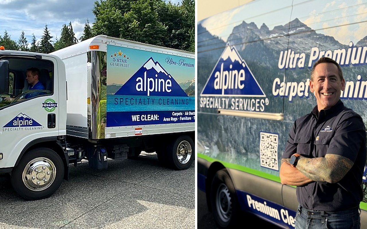 Alpine's two Seattle Super Trucks for FiberLux carpet cleaning: the Super Truck and the smaller Super Truck with owner Eric Moe