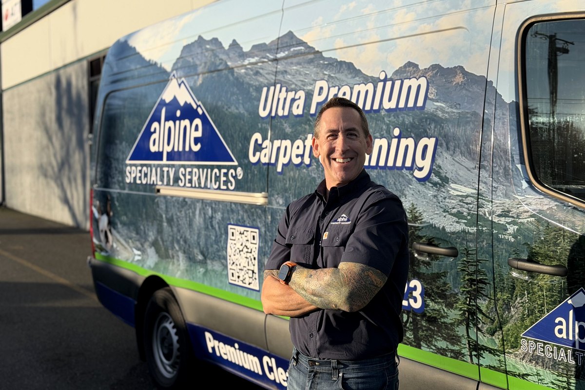 Alpine Specialty Services smaller Super Truck van with the Ultra Premium Carpet Cleaning wrap
