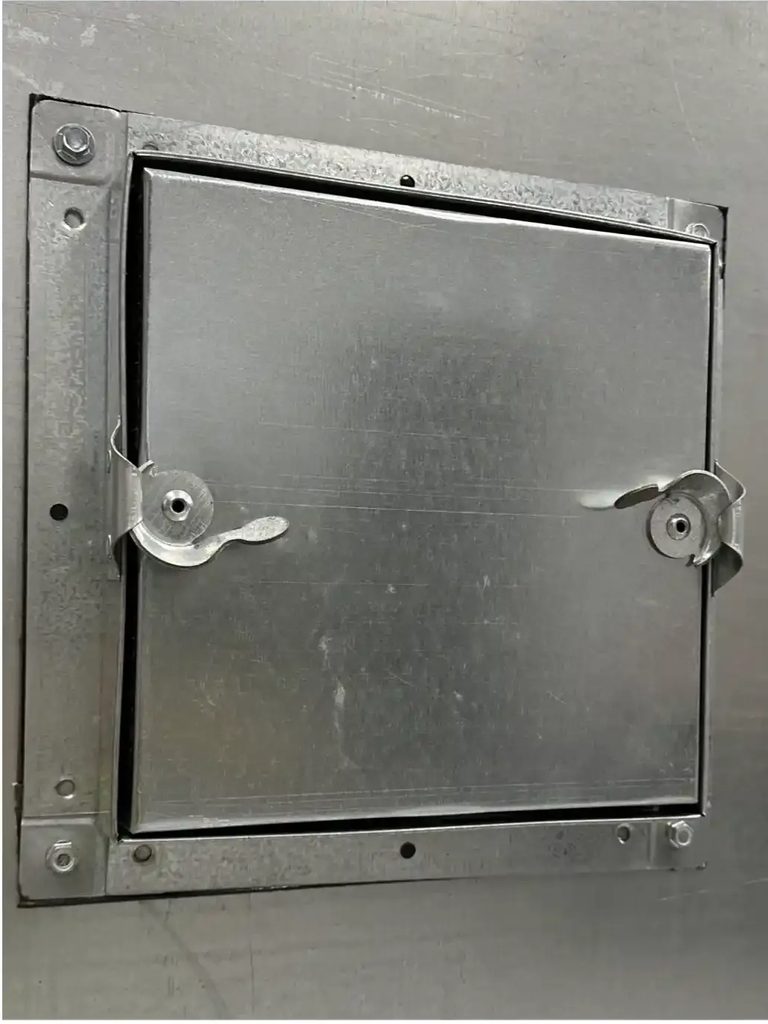 Permanent metal duct access door with frame and latches